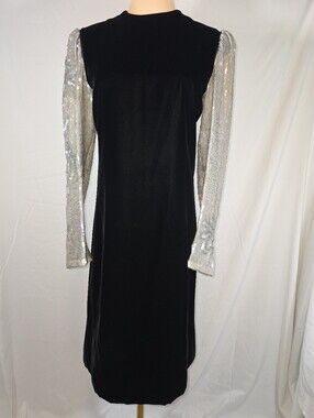 Vintage Black Velvet Dress with Silver Sequin Sleeves